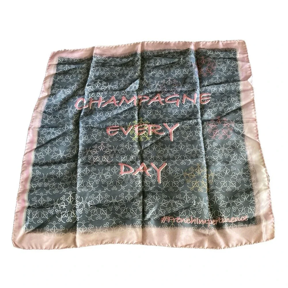 NICOLAS FEUILLATTE FRANCE CHAMPAGNE 100% SILK SCARF GRAY PINK LOGO SQUARE RARE